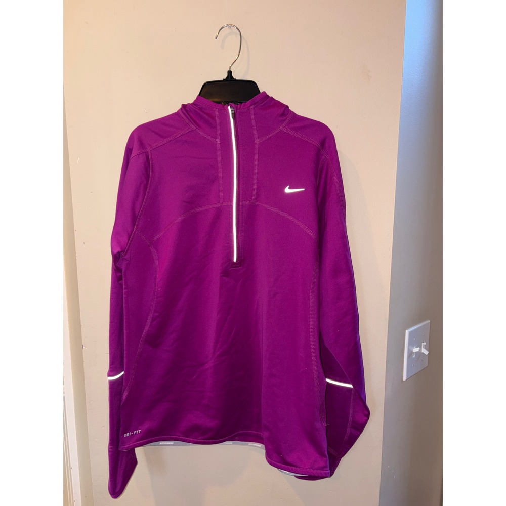 Nike Womens Dri-FIT Running Half Zip Hoodie Magenta Purple Fleece Lined Large
